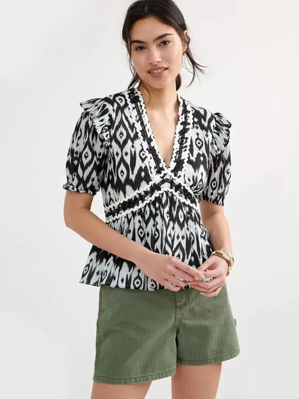Anthropologie Verb by Pallavi Singhee Abstract Peplum Blouse Black White Size M